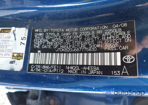 2008 Toyota Prius z USA, uszkodzony, nr VIN JTDKB20U687775830